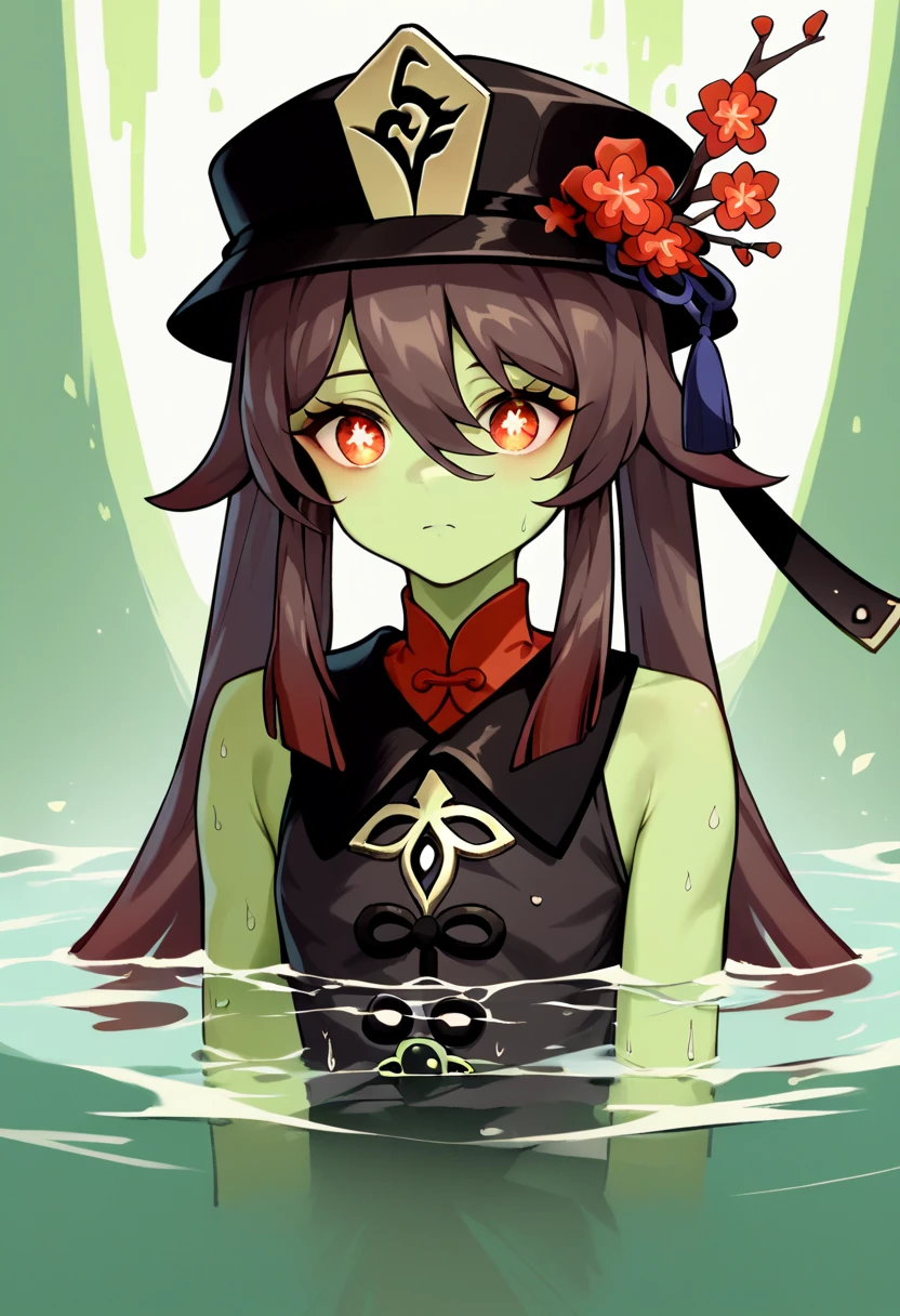 HD， best quality，HuTao, long hair, bangs, brown hair, red eyes, hair between eyes, twintails, sidelocks, symbol-shaped pupils,Skin of color，Green Skin，Green Skin，Green Skin，whole body，Green Skin，Green Skin， black hat ，Green Skin， black clothes ，Green Skin，bath