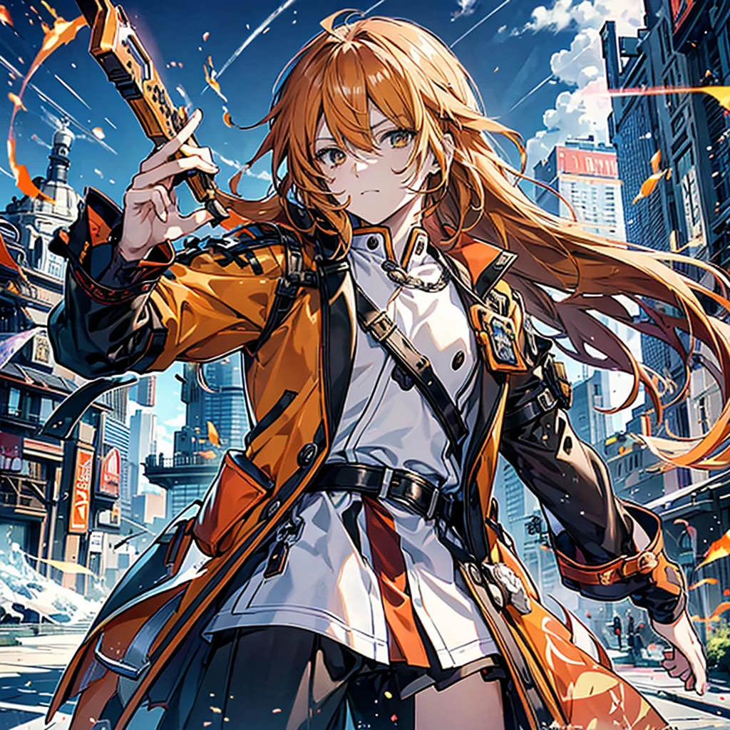 GUILTY GEAR, {{{{{Illustration of a person}}}}, {{{ orange battle coat}}}, Orange and black outfit ,  Dark Brand Hair ,  straight hair, 36k image quality ,  long bangs  , Shut your mouth., A relaxed expression, ４０Old man,  handsome, Narrow green eyes ,  Official Art、  best quality、  Unity 8k Wallpaper 、32K、masterpiece、 super detailed, Male nose, Male Eyes  , Male outline  , Fighting in the old battlefield ,  acrobatic poses,