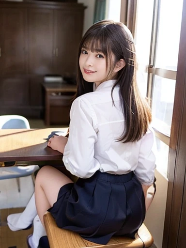 (nsfw),Backwards, Look back, back, Butt, Student Uniform,(Sit at a desk),No makeup,High resolution,Professional photos,High resolution,Small breasts,slim, Sit on a desk, Open your legs and show your panties,School classroom, Wearing white panties, a girl in a high Student Uniform, a little panties can be seen from the skirt, One girl, Alone, teeth, socks, skirt, lie, Kotatsu, loose socks, Check pattern, table,Realteethtic,Asian,pretty girl,((Buttの主観)),JK gal