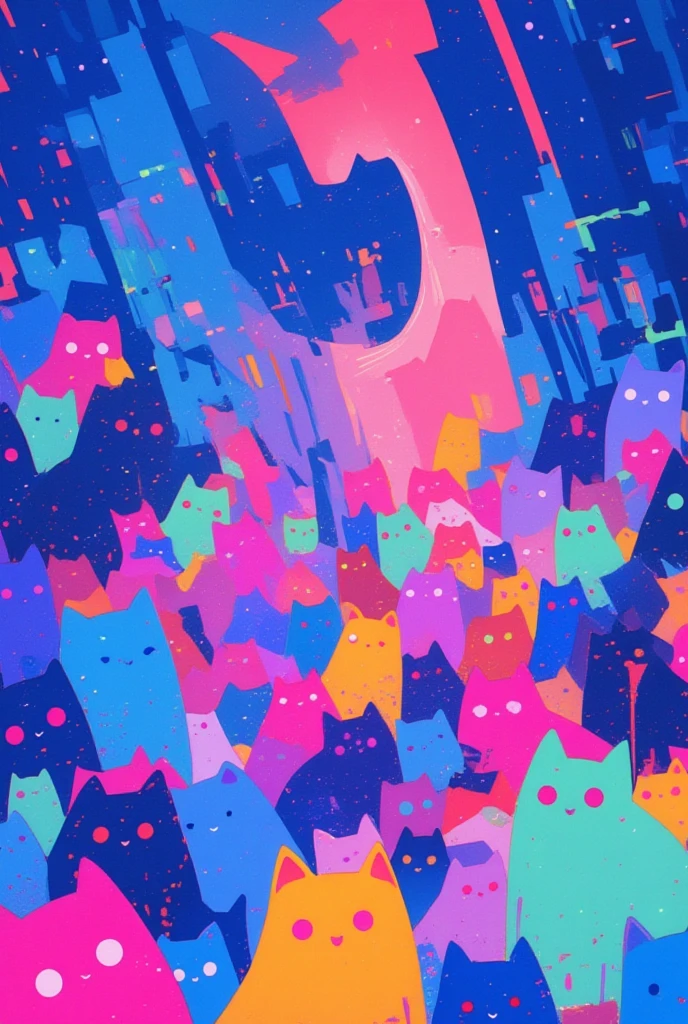  There are many colored cats on a blue and pink background,  like a rainbow ghost, ghost, kill, ( ( RISOGRAPH ) ), ghost in the background,  a person like a ghost , ghost theme, by Shinoda Toko, ghost, phantom ghost in the background,  part Petra Court Light , ren born as ghost, floating ghost , Now Tanaka