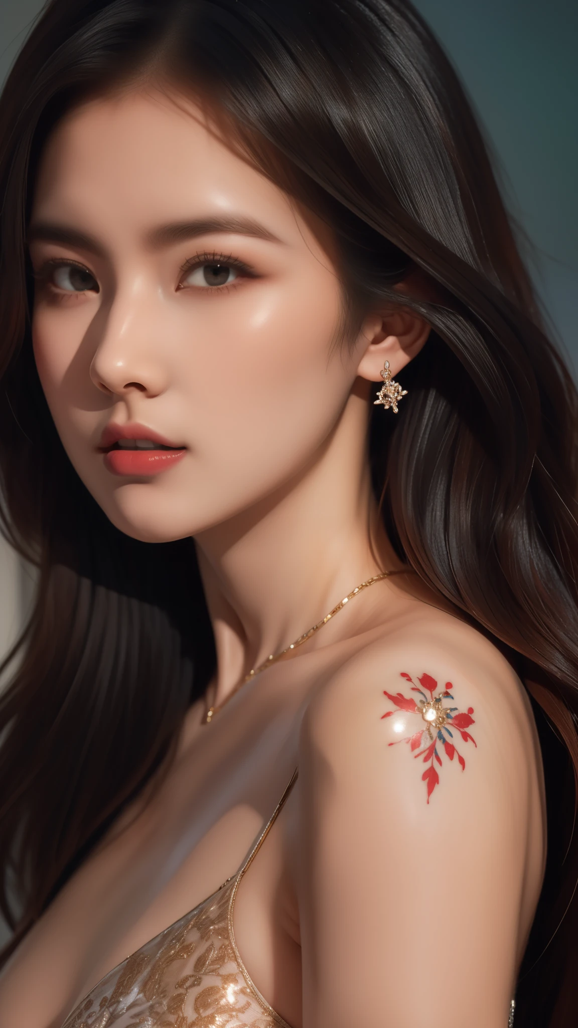 Game Art，Cg animation，Best image quality，Maximum resolution，8k，(A half-length photo)，(portrait)，(Head close-up)，(Rule of Thirds)，Unreal Engine 5 rendering works，20 year old girl，((Queen))，The eyes are very detailed，(Large Breasts)，Elegance and nobility，Movie Lighting，Ray Tracing，Game CG，((3D Unreal Engine))，OC rendering reflection pattern，4K，Ultra-clear，Translucent lace，Fair and plump figure，Pretty Face，Glossy Gel Coat，The Queen in a luxurious dress，Necklace jewelry，intricate tattoo designs，The tattoo is very delicate，goddess，Large breasts，Steel bracelet on arm，Turn one eye and close one eye