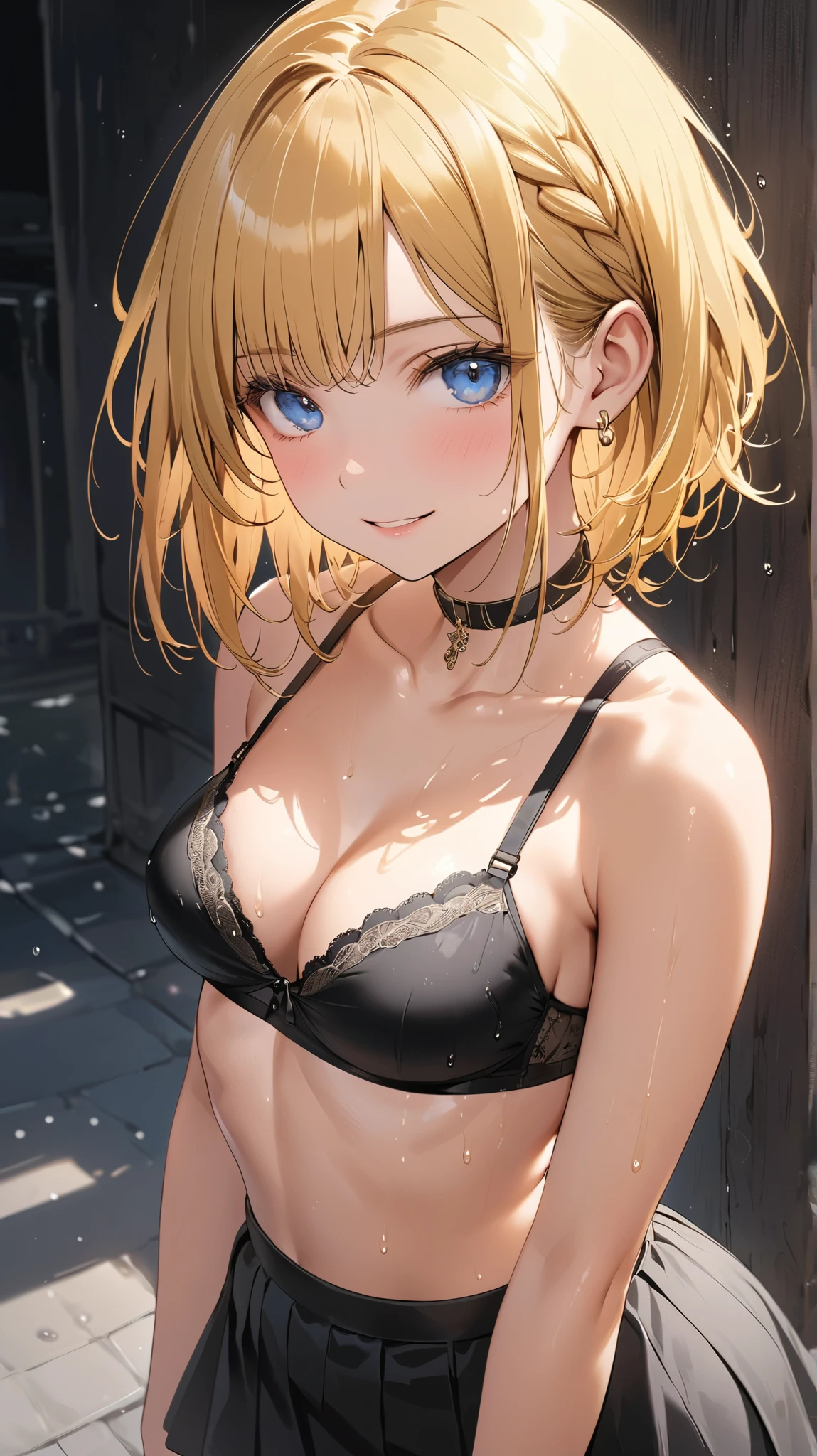 ((Masterpiece, best quality, high quality, highly detailed background)), ((wooden house bedroom, medieval village window view, blue sky, on the bed)), ((rumia_tingel, rumia tingel, (mature female), blonde hair, blue eyes, large breasts, green ribbon, hair ornament, hairclip)), ((black bra:1.3)), ((reverse cowgirl position, straddling, navel, facing the viewer, 1boy, 1girl, sex, penis, (motion lines), pov)), ((shy, embarassed, closed mouth, blushing, looking at viewer))
