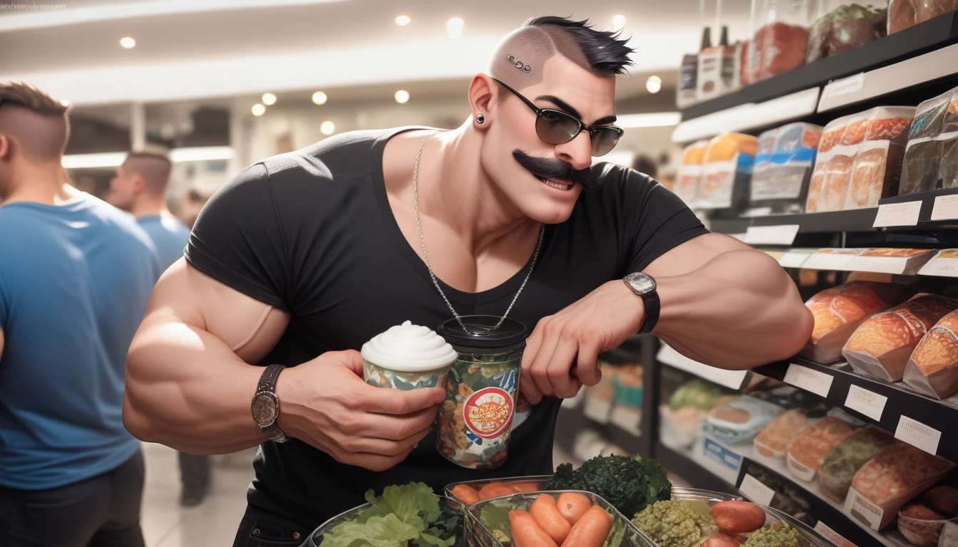 a muscular man with a shaved head and a big mustache, in a gay gangbang party with many other men, set in a grocery store, ultra vivid colors, masculine aesthetic, highly detailed, 8k, photo-realistic