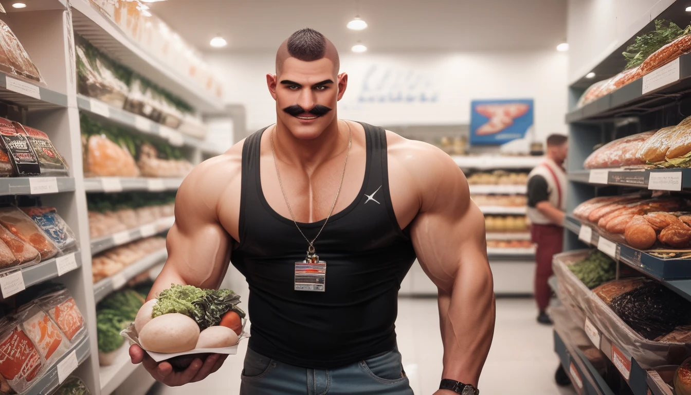 chubby old man in super market, old man, thick arm, huge arm, bearded. white hair and beard, bearded, muscular, pectoral, wide pectoral, realistic, 8k, masterpiece, (wearing shorts and shirtless:1.3, topless, shoes)