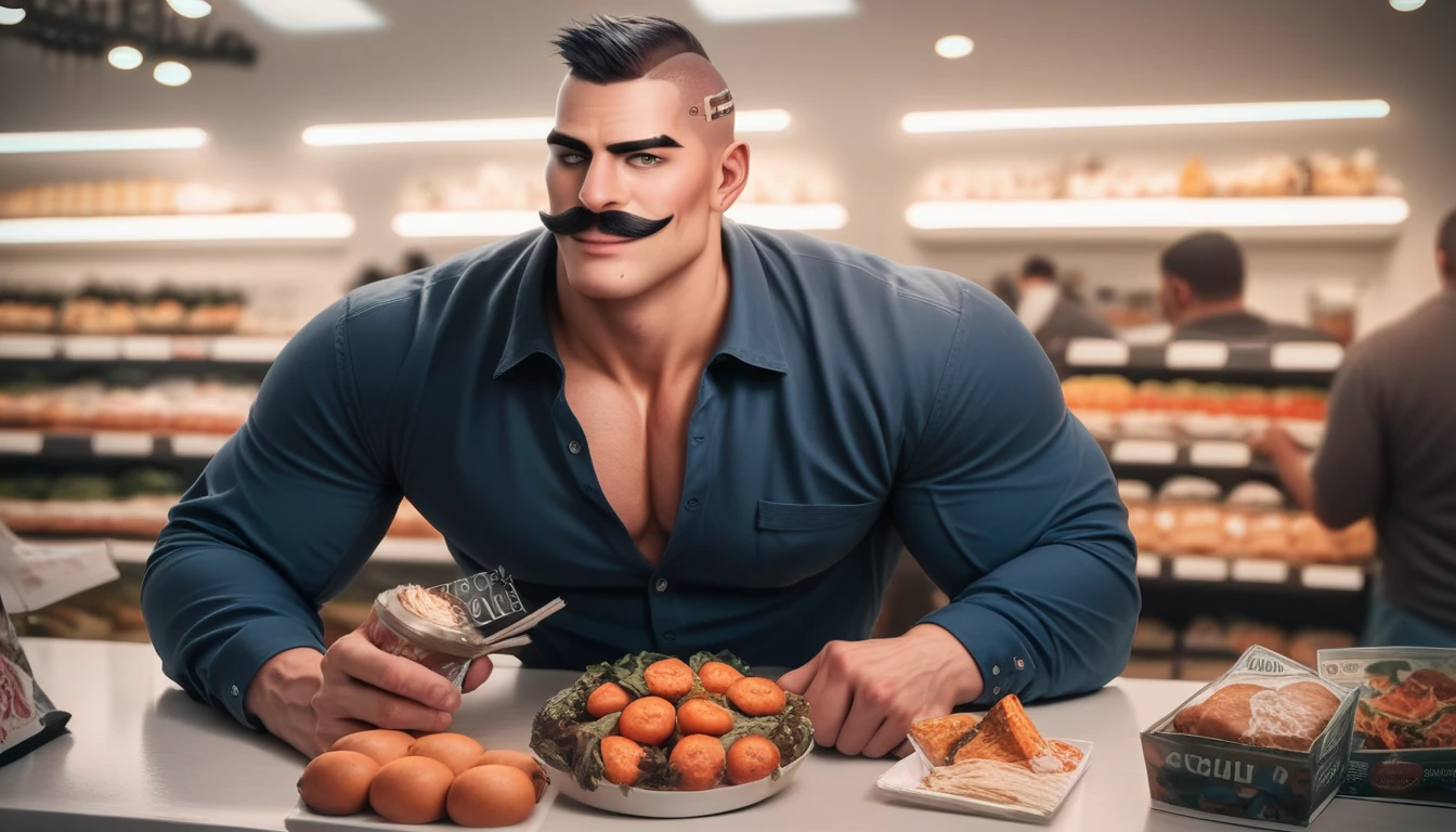 por favor crie uma imagem de um homem acima do peso bem gordinho comendo, soldado, em batalha, ultra realista, super detalhado, peludo, suado, careca, com bigode, acima do peso, 4k, Eating physiognomy, retrato, tatuagens rusticas, com armadura, pouco cabelo, cabelo raspado, sujo, barrigudo