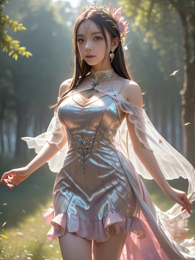 Holding a large see-through stole with pale pink floral pattern with both hands、Swaying in the wind。white colors、bright colour、with floral pattern、Navel Bowel Neck Bodysuit、Navel Rubber Suit Corset、Upper eye、light-colored skin and loose navel skin,,。Skirt flutters in the wind and spreads。Dynamic Posing。Dancing Poses。
Loose clothing shows shoulders。Very beautiful girl at 19 years old。
Hair swaying in the wind。 masutepiece、Best Photoreal、portlate、Sheer clothing、wetted skin、Wet hair、Sexy look、Functional、Bewitching、Clothes with an open back、Oblique composition、Waterfall in the forest、Big hair ornament、Medium chest、Navel Ejection、
