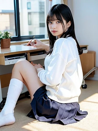 (nsfw),Backwards, Look back, back, Butt, Student Uniform,(Sit at a desk),No makeup,High resolution,Professional photos,High resolution,Small breasts,slim, Sit on a desk, Open your legs and show your panties,School classroom, Wearing white panties, a girl in a high Student Uniform, a little panties can be seen from the skirt, One girl, Alone, teeth, socks, skirt, lie, Kotatsu, loose socks, Check pattern, table,Realteethtic,Asian,pretty girl,((Buttの主観)),JK gal