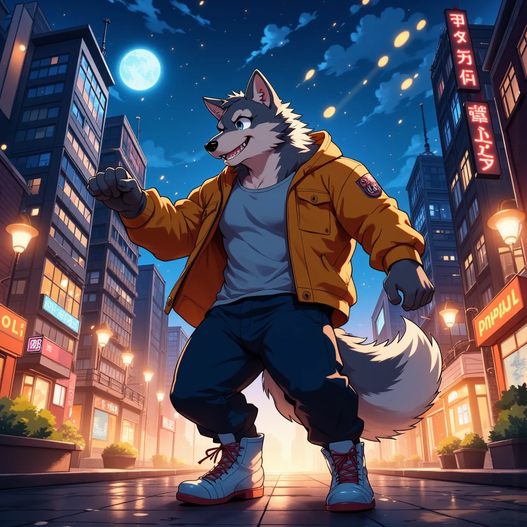 character focus, full body, looking away, back view, back focus, dynamic angle, street dancer, middle-aged wolf man, happy, little smile, street fashion, jacket, shirt, pants, boots, street dance, dancing, dynamic pose, standing, full body in Michelangelo Buonarroti style, digital illustration anime, housamo style, detailed painting landscape, full moon night, city scape, skyscrapers, outdoor, full color, HDR, BREAK complete anatomy, perfect proportions, beautiful thigh gap, fluffy body, intricate fur details, beautiful fur texture, BREAK detailed wolf one tail, detailed toe, 5toes, 5toes nails, beautiful foot, detailed hands, 5fingers, 5fingers nails, BREAK aesthetic anime face, insanity detailed face, male face, big face, square jawline, aesthetic anime eyes, detailed brown eyes, detailed brown cornea, detailed dark brown irises, detailed pupils, male eyes, big eyes, male eyebrows, innocent look, beautiful beard, BREAK masterpiece, official art, best quality, very aesthetic, absurdres, super fine illustration, great quality, BREAK noise reduction, very highres, large filesize, high quality, 32K, 8k wallpaper, dynamic lighting, BREAK insanity detailed, ultra detailed, intricate details, extremely detailed, detailed texture, an extremely delicate and beautiful, BREAK e621 illustration, osukemo, kemohomo, anthropomorphic, furry, cartoon, harmonious body, pastoral face, virtuous eyes, street atmosphere