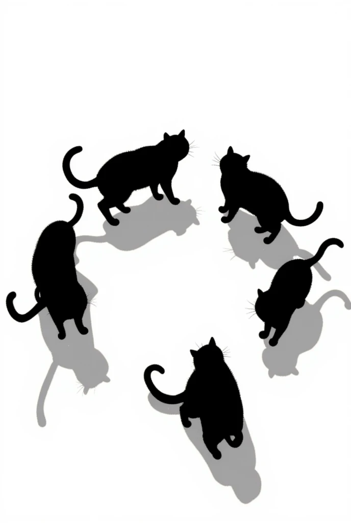 there are five Black Cat standing in a circle on a white surface,  by Lee In-moon ,  by Ivan Generalic , By Kim Myung-gok, ジョッセ・リーフェリンクス,  by Yuko Tatsushima , Cat Conference, Black Cat, Ryusuke Fukahori, Jongsuk Lee, Written by Lu Ji