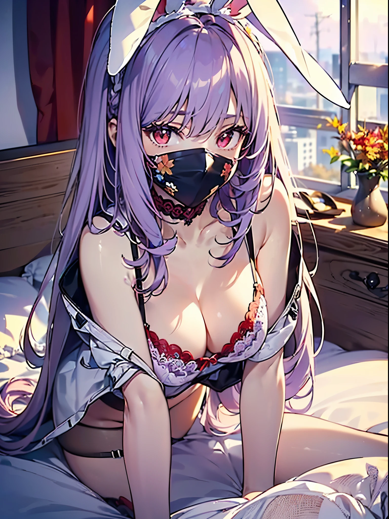 ((masterpiece)), ((best quality)), ((anime profile style)), ((HD 4k)), ((female anime character)), (Mai Sakurajima), ((pale skin) ), ((Beautiful body)), girl, female face, Happy, ((white mask on mouth)), ((Light lilac eyes)), Eyelid, Pupil, Sclera, Iris, eyebrow, eyelashes, ear, nose, ( (giant lilac hair)), ((fringe)), ((details in hair strands)), ((light effects on hair)), ((Women's Babydoll Sleepwear Pajamas With Short Straps - Red)), ((lights effect on clothes)), ((body lights effect)), neck, Shoulders, (thin waist), ((perfect tummy)), arms, ((thick legs)), ((big thigh)) , ((background scenery)), ((in bedroom)), ((bed, window, TV, wardrobe, dresser, rug)), ((lighting)), viewer view