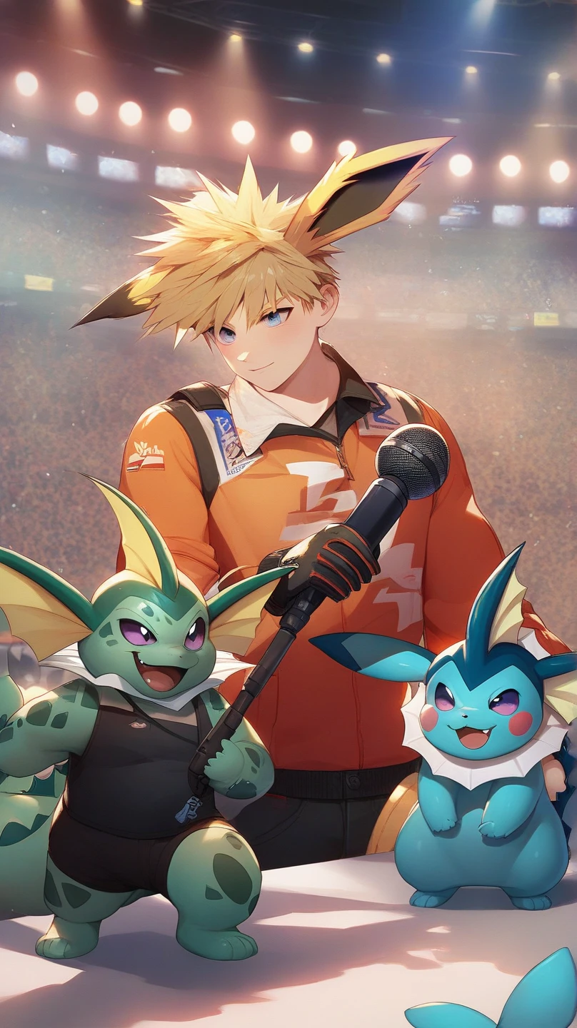 Steve irwin, 1 boy, male focus, blonde hair, holding,  holding a microphone speaking to a crowd, Pikachu, Vaporeon, Jolteon and Bulbasaur are on his shoulders, in a Pokemon Gym, specular highlights, detailed face, detailed eyes,