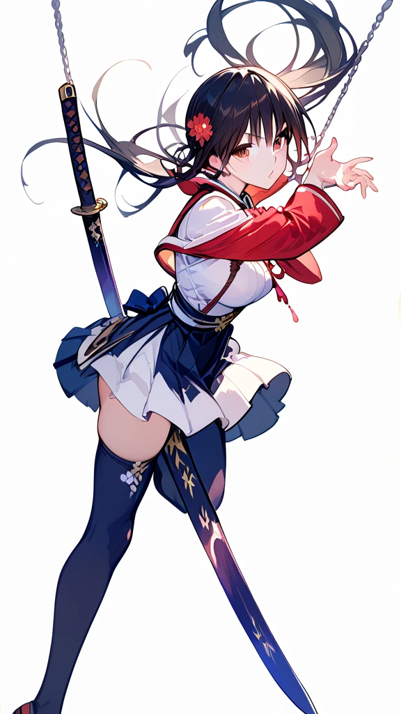 Wear a skirt、Woman with a sword, Draw the sword, She has a sword,  full body commission of two swords , Arab woman in uniform holding a sword ,  inspired by Seikage Kusumi , rumiko, Dramatic sword swing pose , katana,  female action anime girl , Great Sword