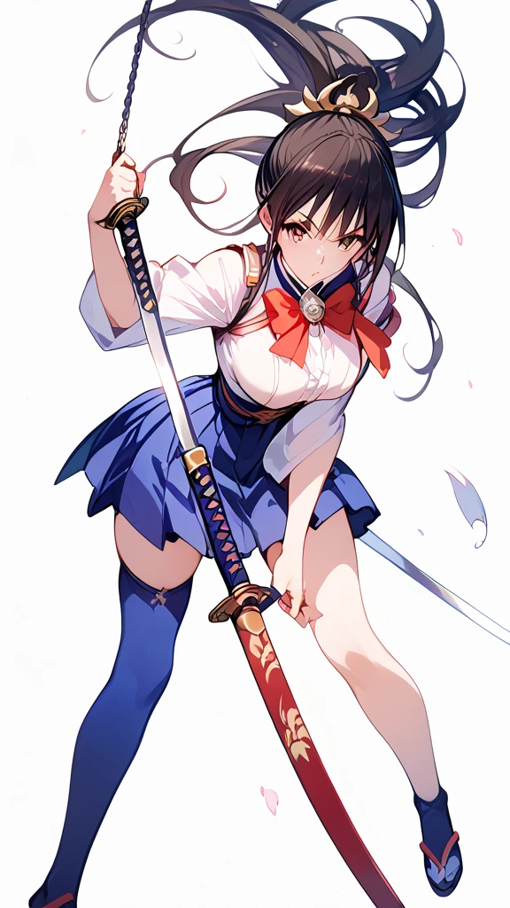 Wear a skirt、Woman with a sword, Draw the sword, She has a sword,  full body commission of two swords , Arab woman in uniform holding a sword ,  inspired by Seikage Kusumi , rumiko, Dramatic sword swing pose , katana,  female action anime girl , Great Sword