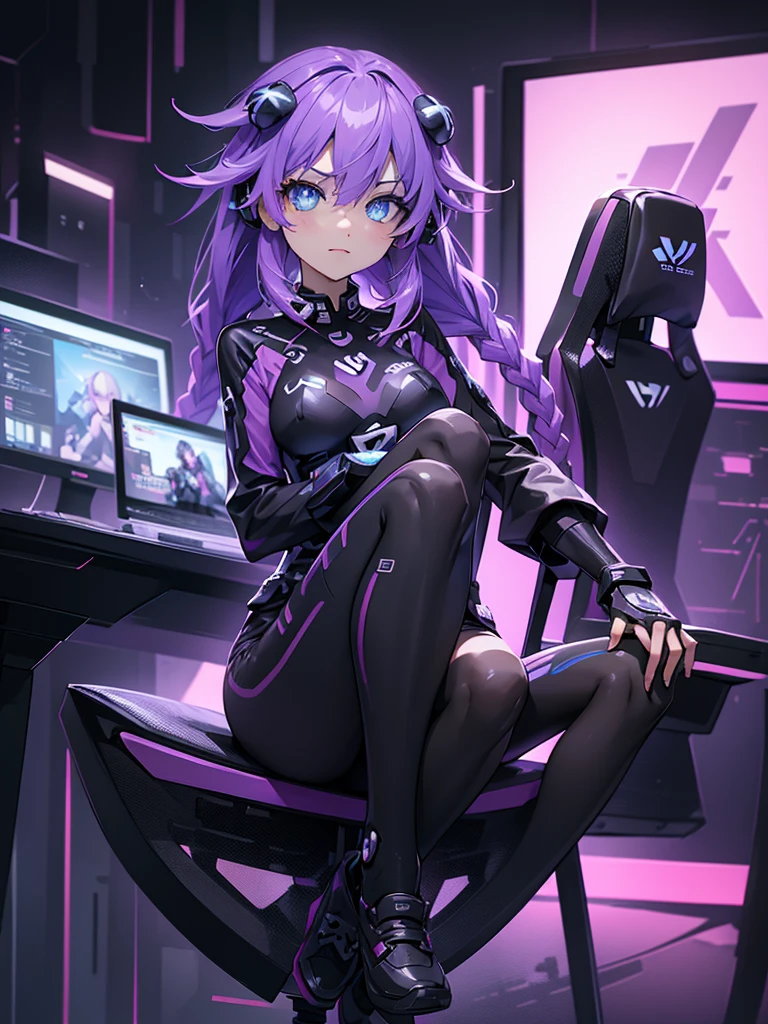 Cartoon of a woman sitting in a gamer chair with headphones on, Background illustrations, sitting in front of a computer, IG Studios anime style, [ arte digital ]!!, game, gamer aesthetic, Anime art style, Twitch Streamer, 2D Rendering, gamer,  sitting in front of the computer, gamer themed, arte digital!!,  lyrics, hand holding mouse, hand on knee, RGB gaming keyboard, rgb black mousepad, Dark purple gaming desk with RGB underneath, hand grabbing his knee, legs on the chair, dark purple pants, pink blouse, pantalla de game