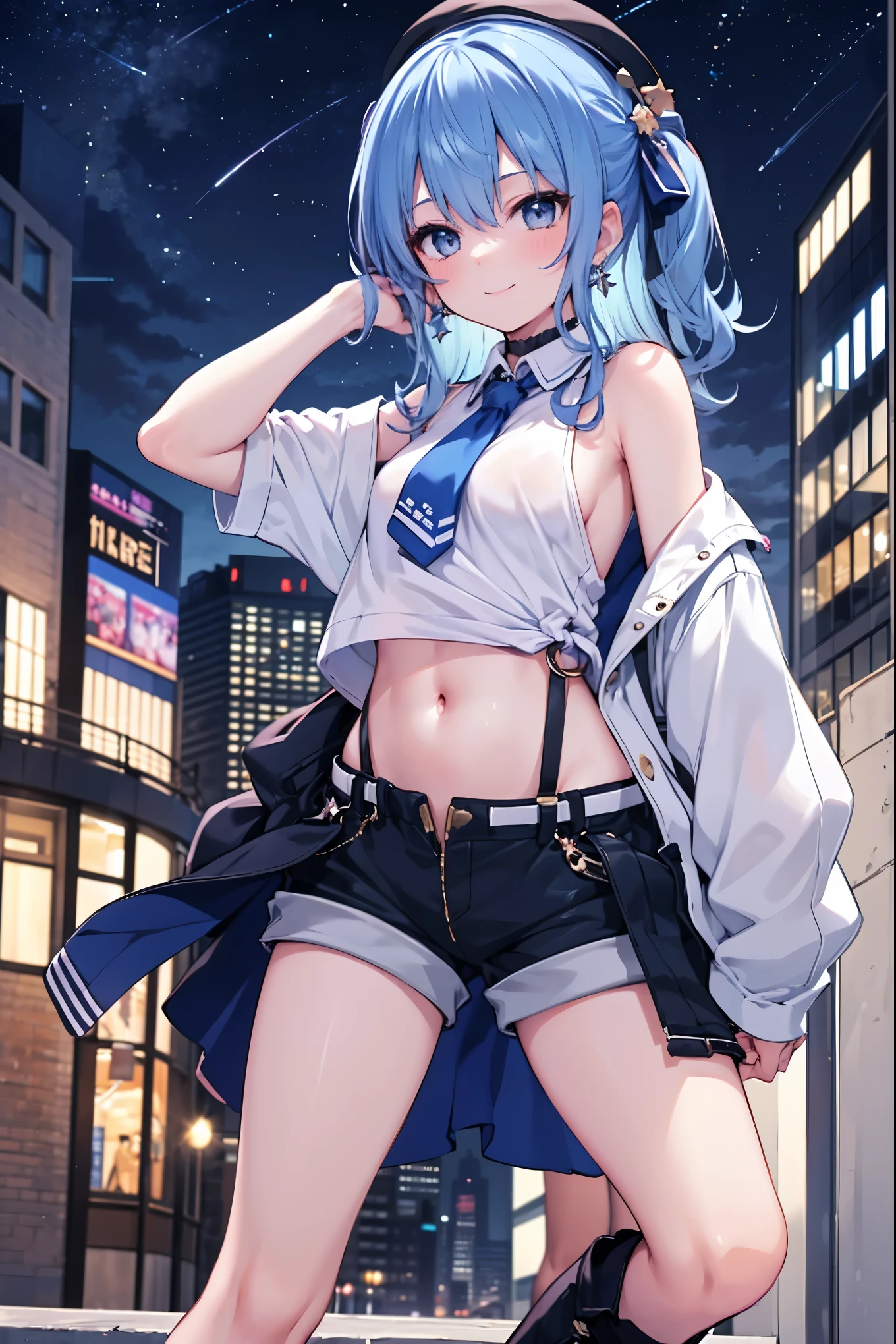 (8k、Best image quality、highest quality)、Detailed face、 1teen_girl、Blue Hair、Long Hair、sideponytail、dark_blue_eyes、smile,(peek_navel:0.7),(small_breasts:0.8),(White_T-shirt:1.3)、Off_shoulder、Black shoulder straps、(open_front_shorts,denim_short_shorts:1.2)、City Background, starry_sky_landscape ,hoshimachi suisei, (belly_button:1.2),nihil,solo,stargaze,girl_looking_up_sky,slender,solo,boots,abs, tight_waist, point_to_sky,slender_thighs,knees