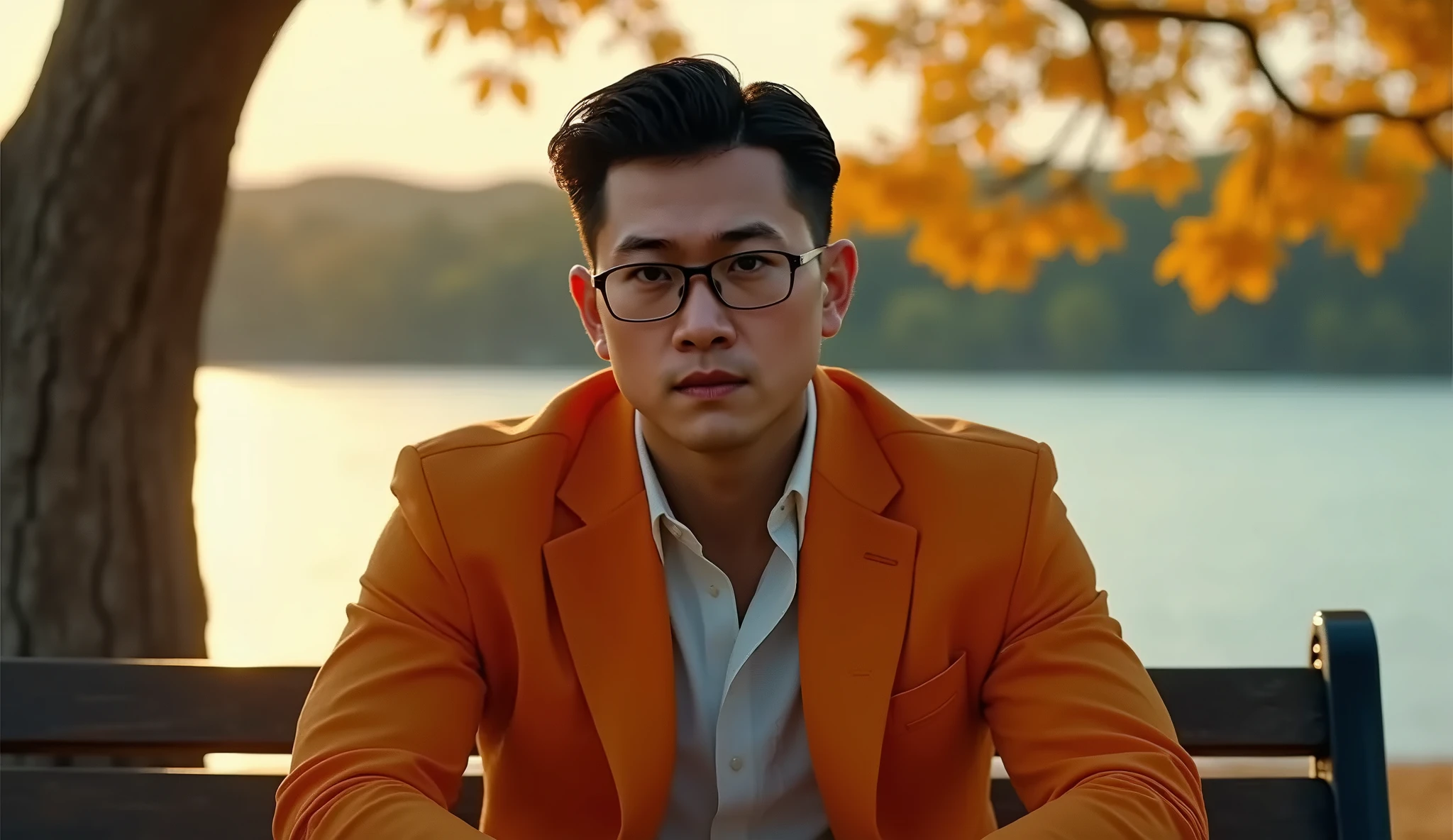 There is a man sitting on a bench near a lake - SeaArt AI