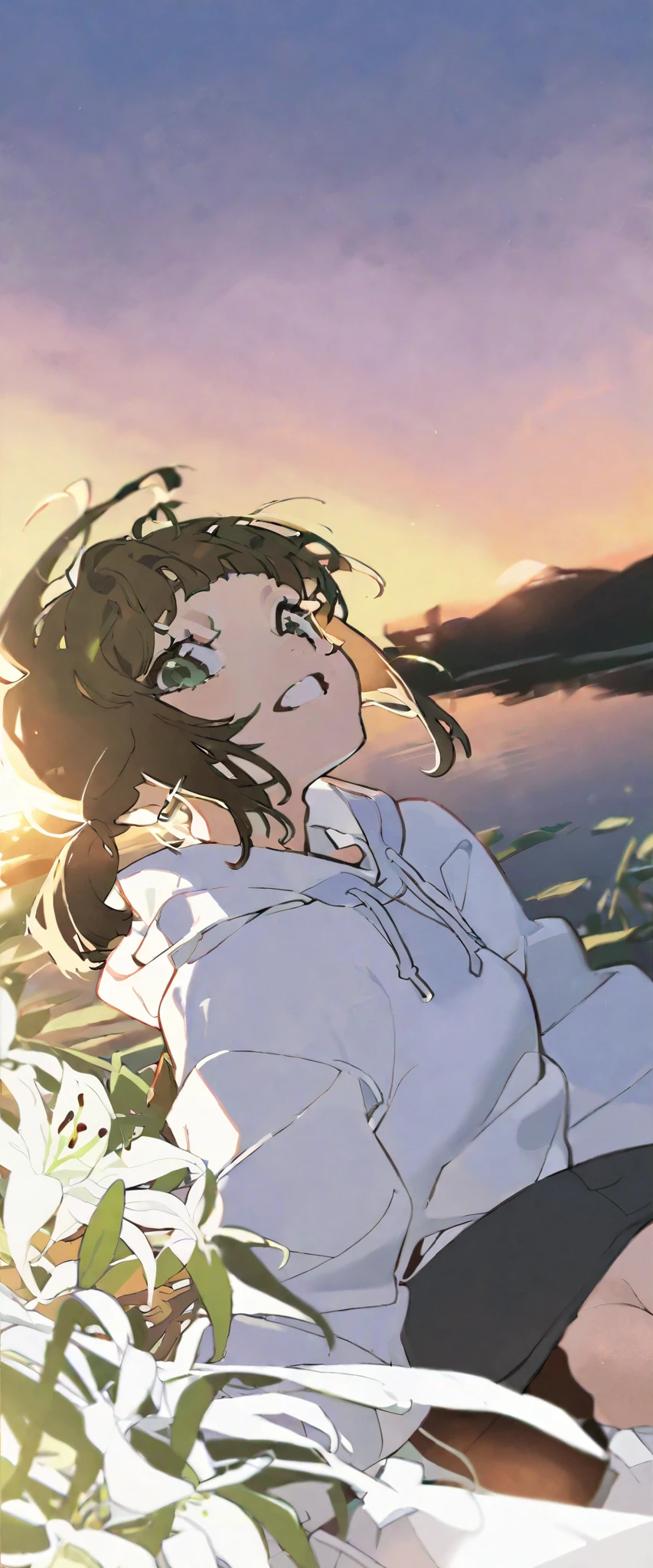  a girl ， Brown Slanted Ponytail ， green eyes ，Pure white sweatshirt，lily，Smile，Sunset，Sunset，river