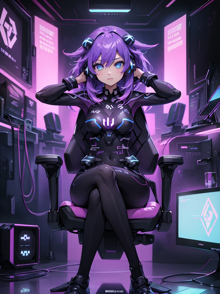 Cartoon of a woman sitting in a gamer chair with headphones on, Background illustrations, sitting in front of a computer, IG Studios anime style, [ arte digital ]!!, game, gamer aesthetic, Anime art style, Twitch Streamer, 2D Rendering, gamer,  sitting in front of the computer, gamer themed, arte digital!!,  lyrics, hand holding mouse, RGB gaming keyboard, rgb black mousepad, Dark purple gaming desk with RGB underneath, dark purple pants, pink blouse, pantalla de game