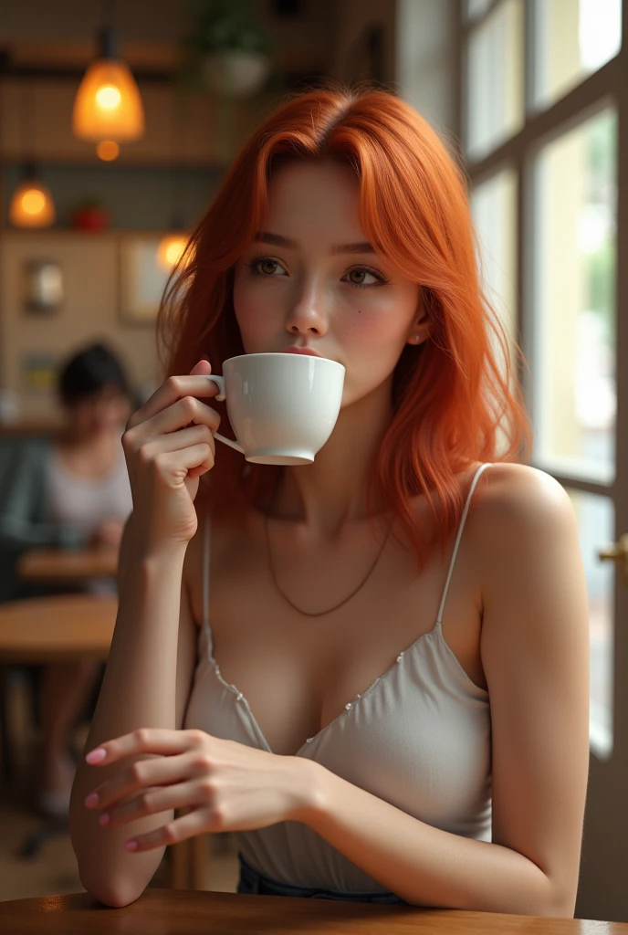1 girl age 19, solo, aesthetic artwork, irish redhead, long wavy ginger hair, grayeyes light, some small freckles, pale skin, G-cup, huge breasts, slim body, runners body, (textured skin, skin pores:1,1), (moles:0,8), imperfect skin, sitting down, having a cup coffee, drinking coffee, (extremely detailed 8K wallpaper),soft lighting, high quality, film grain, fujifilm XT3 sharp focus, f 5.6, 50mm, high detailed, sharp focus, dress blue and white, high detailed, complex details, sitting at outdoors cafe