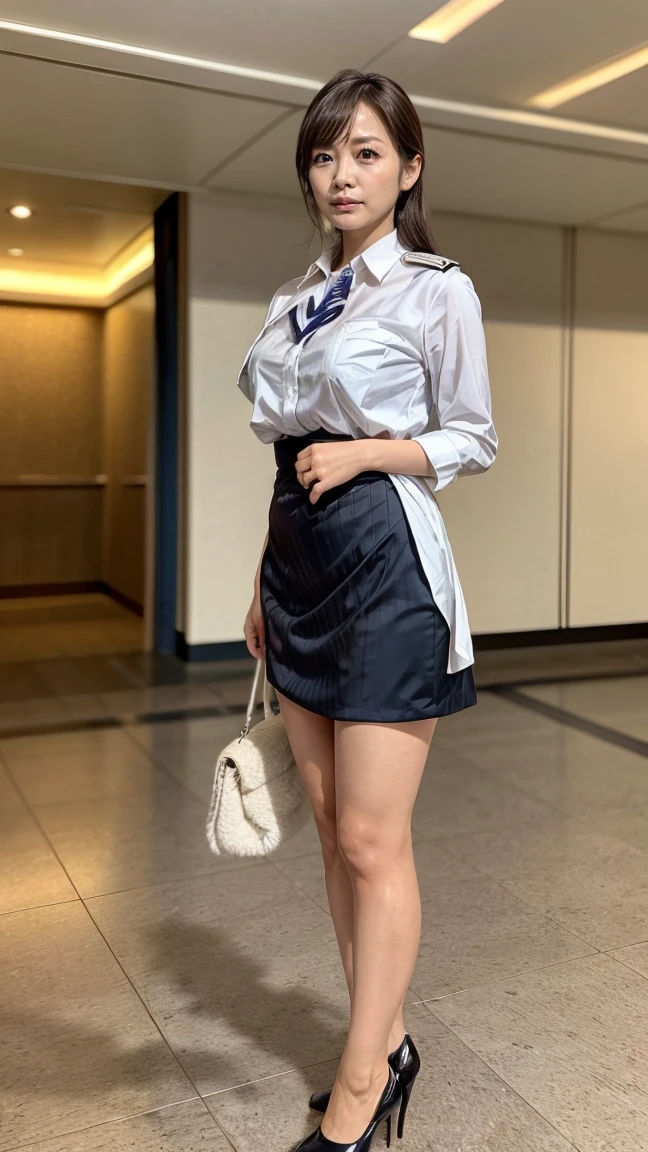 A beautiful, 24-year-old Japanese woman with perfect anatomy, healthy thighs, beautiful legs, beautiful skin, random hair color and style, large breasts, (wearing a flight attendant uniform with a mini-skirt:1.3), full body shot, pumps, carrying a suitcase, at the airport, (best quality,4k,8k,highres,masterpiece:1.3),(extremely detailed:1.2),realistic,photorealistic,photo-realistic:1.37,professional,vivid colors, studio lighting