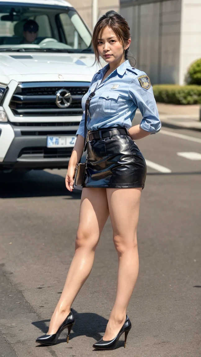 beautiful Japanese woman, 22 years old, perfect anatomy, healthy thighs, beautiful legs, beautiful skin, random hair color, random hairstyle, large breasts, female police officer, (Japanese police uniform:1.3), (miniskirt:1.3), full body shot, high heels, city street, (best quality, 4k, 8k, highres, masterpiece:1.3), (extremely detailed:1.2)