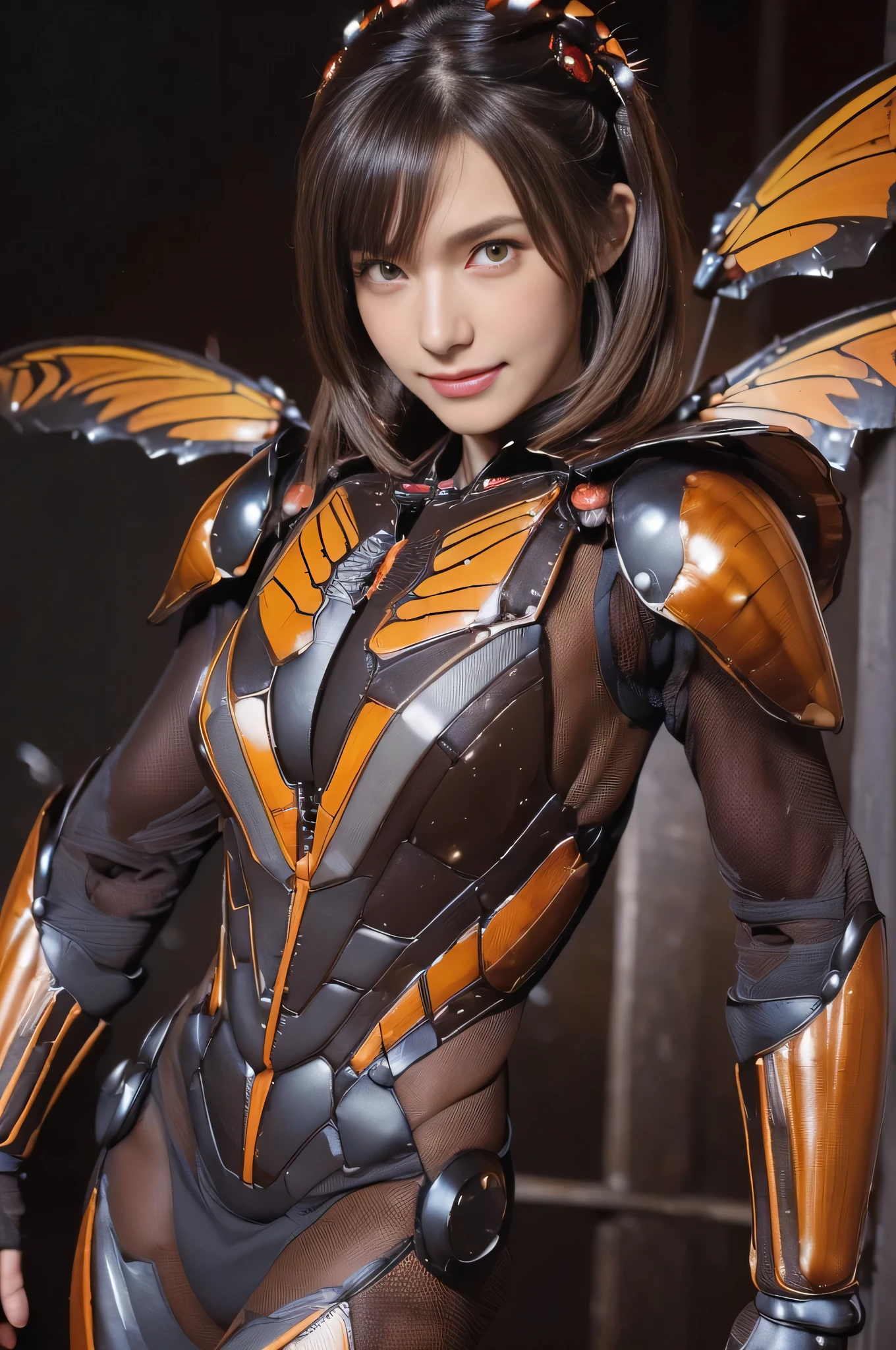 (high resolution,masterpiece,best quality,extremely detailed CG, anime, official art:1.4), realistic, photo, amazing fine details, all intricate, gloss and shiny,awesome many layers, 8k wall paper, 3d, sketch, kawaii, illustration,( solo:1.4), perfect female proportion,villainess, (fusion of dark brown cockroach and lady:1.4), (brown cockroach form lady:1.2), (brown cockroach lady:1.2), (fusion:1.2), (solo:1.4), (evil smile:1.2), muscular, abs, (cockroach brown exoskeleton bio insect suit:1.4), (cockroach brown exoskeleton bio insect armor:1.2), (brown transparency cockroach wing:1.4), (brown cockroach antennae:1.3),