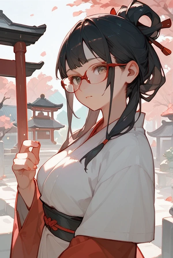 Black hair, long hair, glasses, red kimono, Japanese shrine, shrine visit