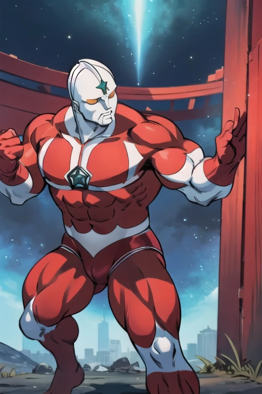 masterpiece, best quality,(Realistic Touch), Ultraman,120m tall , metallic skin , he has enormous bulge in the crotch. he has strong,massive body.his chest is massive. manly, Masculinity, Physically strong ,Thick chest,his solid chest is red,shiny.his red bulge is gigantic. Broad shoulders,Thick arms.he is Muscular.he has Rugged, big strong body.he is very Muscular.he is Bulky.he is well -built.his skin is shiny, red.he has wide shoulders, sturdy chest,solid chest. he wears red tiny thong.his chest is red,not white. his face is shiny white.his thighs are red,beefy.his arms are red,thick. he gets a gigantic erection.his bulge is enormous. his red big bulge is attractive.he has thick ,strong,massive body.his chest is shiny red.he has big pectoral.his penis stands erect. his bulge is soaking wet. his red thong is too small for him.his tiny thong is shiny red.he is macho man.his abdomen is shiny red.his red thong is too small for him, because his balls are big.his shiny white face is attractive.his eyes are yellow.he is husky,macho man.his bulge is shiny red ,ginormous.his chest is shiny red,not white.his arms are strong, shiny red.