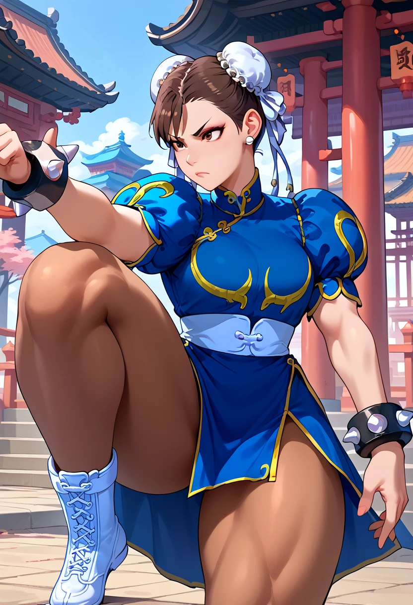 Chun-Li,beautiful young woman in a classic blue uniform,  thick thighs , beautiful sexy thighs,a little muscular, hair tied up,  black tights ,Chinese city in the afternoon, Alone.Alone, blue clothes, blue skirt, serious look, beautiful eyes, beautiful face well detailed, eyes and eyebrows detailed. dark brown eyes 