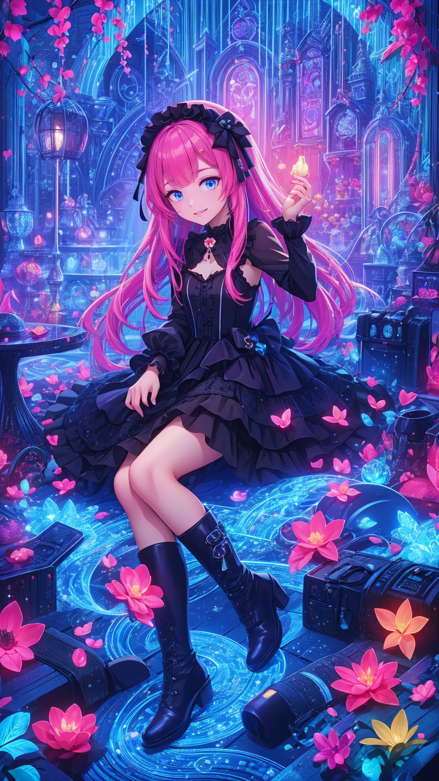    anime style、story、、   cute女の子 、とてもcute天使、   pink gothic dress   、cute、baby face、smile、   Long Skirt 、    black boots 、Very cute headband
