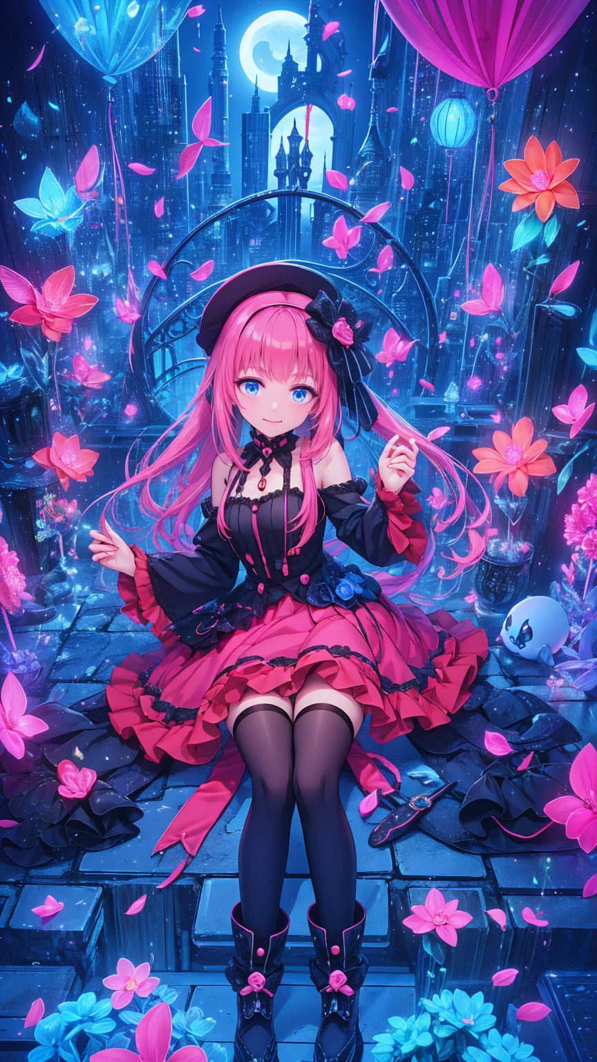    anime style、story、、   cute女の子 、とてもcute天使、   pink gothic dress   、cute、baby face、smile、   Long Skirt 、    black boots 、Very cute headband
