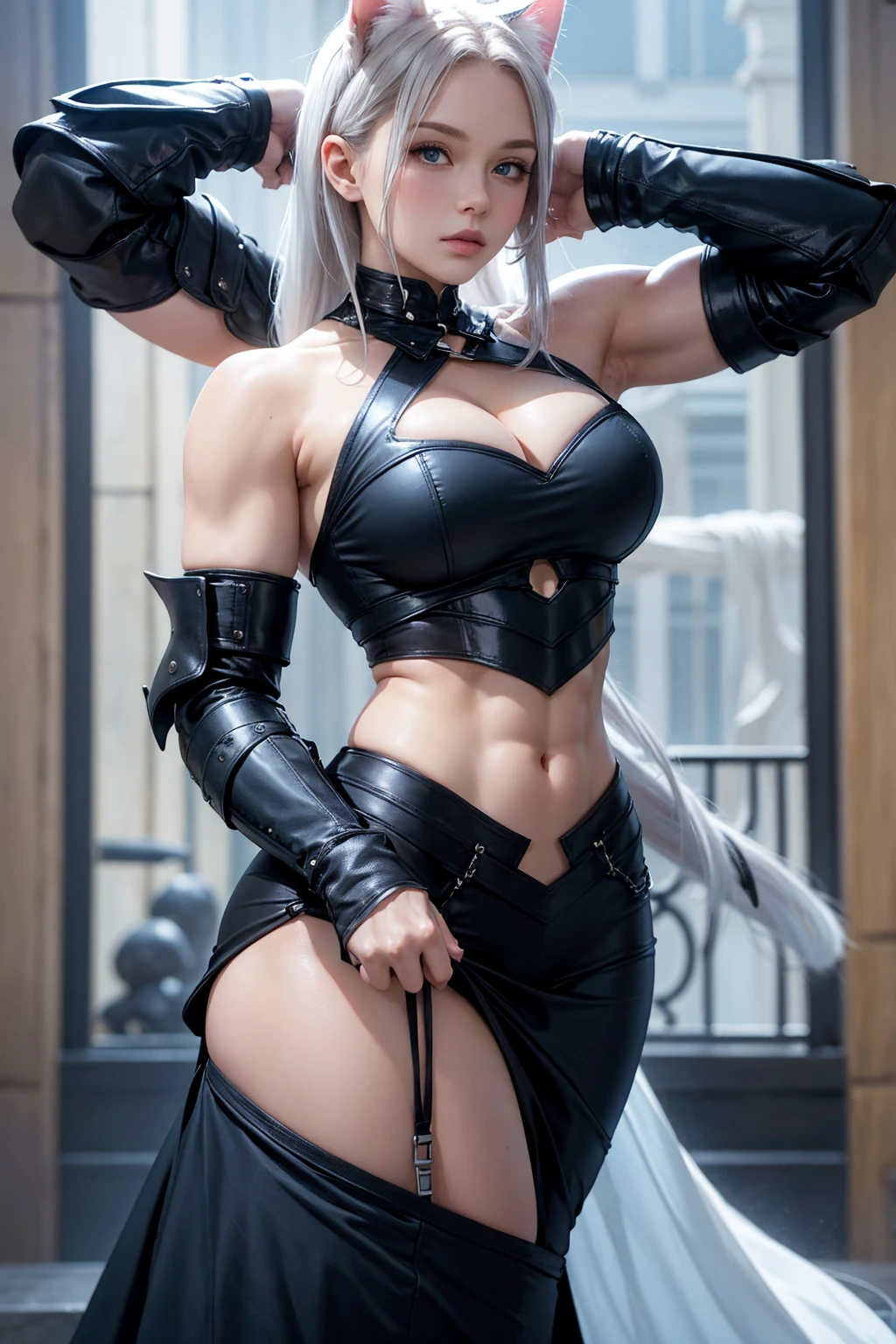 a close up of a person in a costume with a sword, as a character in tekken, female character, tifa lockhart with white hair, katana zero video game character, lunar themed attire, kda, slim body, cyborg - girl with silver hair, upper body avatar, (( medium breast;1.2)), fashion gameplay screenshot, fighting game character, new character, floralpunk elysian maiden, sigma female