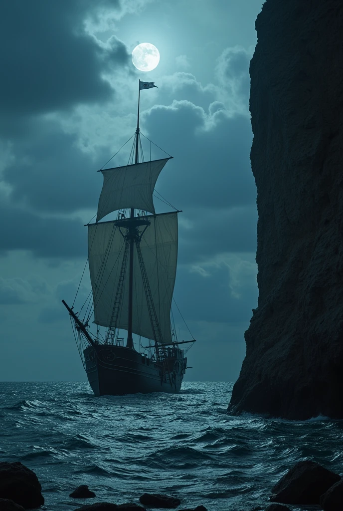  There's a Ship in the Sea Near the Cliff 、 a gothic ship at sea 、 Dramatic Writing 、 Concept Art、 Pirate Ship During the Night War 、Ship lost in a storm、Sergei ･Kolesov's Concept Art、Eerie and nostalgic Concept Art、 Lovecraft atmosphere 