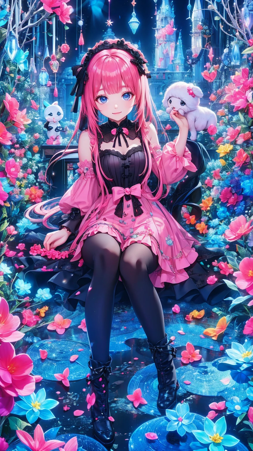    anime style、story、、   cute女の子 、とてもcute天使、   pink gothic dress   、cute、baby face、smile、   Long Skirt 、    black boots 、Very cute headband
