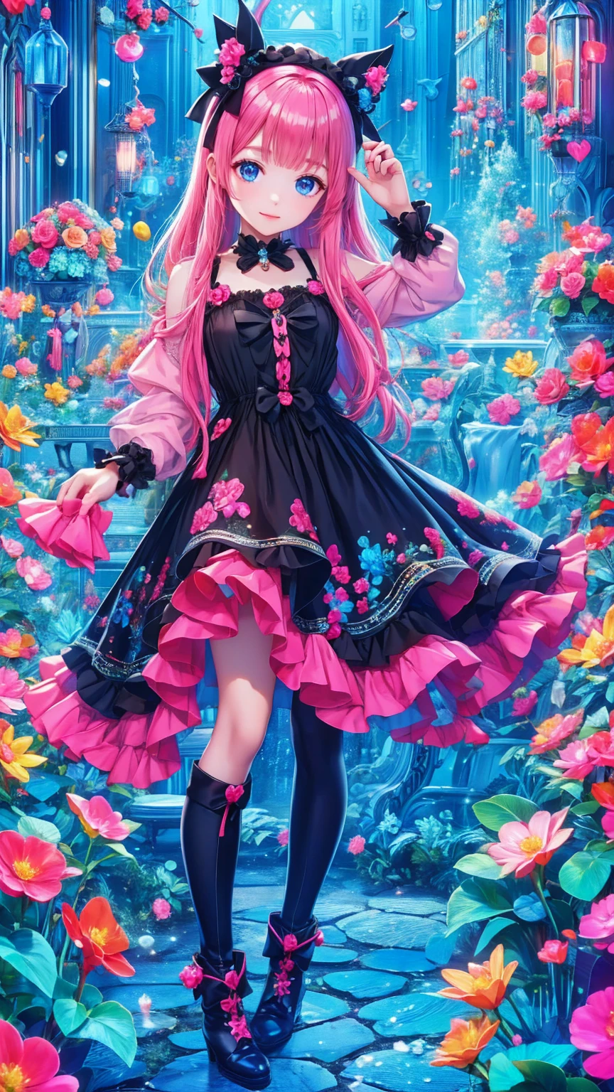    anime style、story、、   cute女の子 、とてもcute天使、   pink gothic dress   、cute、baby face、smile、   Long Skirt 、    black boots 、Very cute headband
