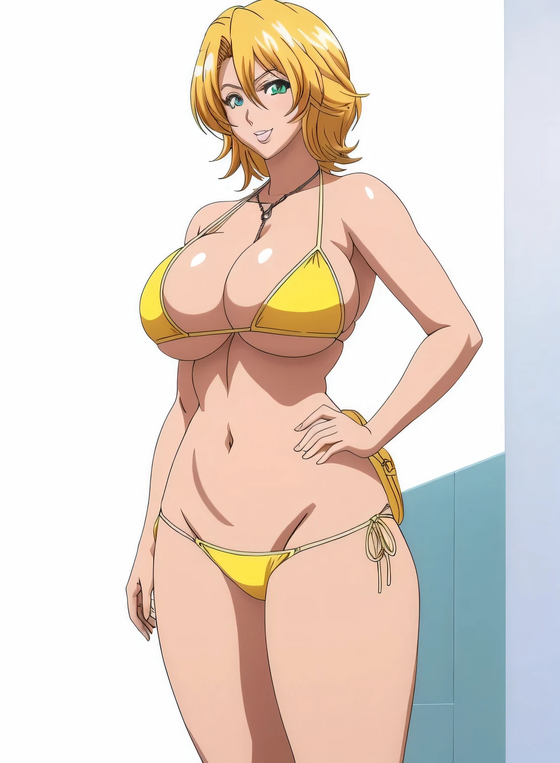 cartoon image of a woman in a bikini posing for a photo, Alone, Girl with short blonde hair,  short hair,  hair between eyes, medium hair, loose hair strand, Green Eyed Girl,  boobs,  boobs proportions, Yellow Bikini,  software version , in a triangle bikini,  very large breasts, lipstick, bikini top with an yellow, bikini bottom with an yellow, Big Breasts,  sexy butt, smile,  very large breasts!!, Tall,  full body close-up shot , thick,  very large breastsを持つ,  high definition ,  very large breasts!, cartoon image of a woman in a bikini posing for a photo with huge covered sfw breasts ,  naughty anime style , Very realistic, Best anime girl, Gwaiz-inspired artwork,  detailed digital anime art, Fully shaded body,  realistic anime 3d style ,  BEAUTIFUL ATTRACTIVE ANIME GIRLS,  realistic anime art style, Realistic Shade Perfect Body,  cowboy shot, looking at viewer, Female focus,