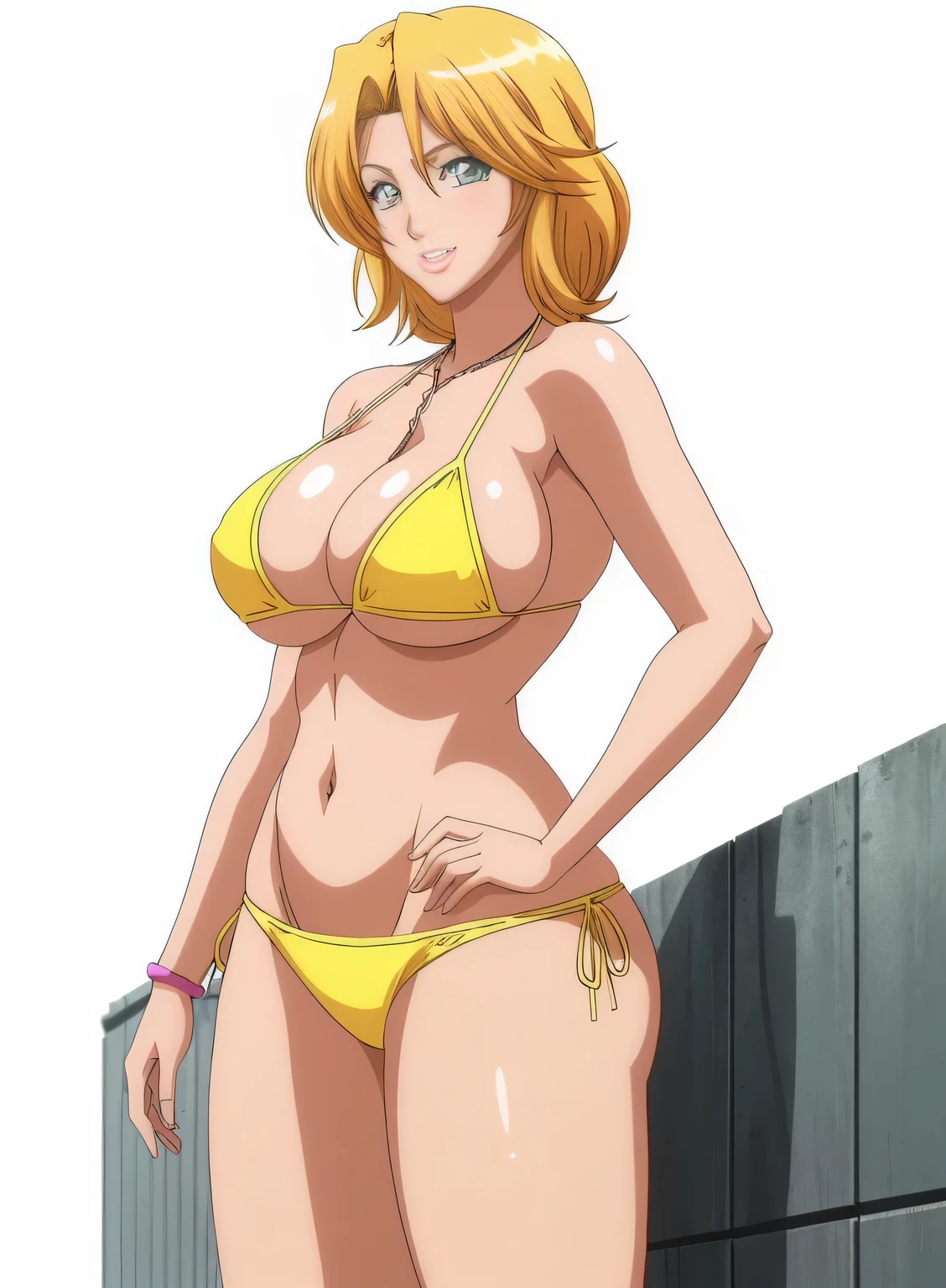 cartoon image of a woman in a bikini posing for a photo, Alone, Girl with short blonde hair,  short hair,  hair between eyes, medium hair, loose hair strand, Green Eyed Girl,  boobs,  boobs proportions, Yellow Bikini,  software version , in a triangle bikini,  very large breasts, lipstick, bikini top with an yellow, bikini bottom with an yellow, Big Breasts,  sexy butt, smile,  very large breasts!!, Tall,  full body close-up shot , thick,  very large breastsを持つ,  high definition ,  very large breasts!, cartoon image of a woman in a bikini posing for a photo with huge covered sfw breasts ,  naughty anime style , Very realistic, Best anime girl, Gwaiz-inspired artwork,  detailed digital anime art, Fully shaded body,  realistic anime 3d style ,  BEAUTIFUL ATTRACTIVE ANIME GIRLS,  realistic anime art style, Realistic Shade Perfect Body,  cowboy shot, looking at viewer, Female focus,