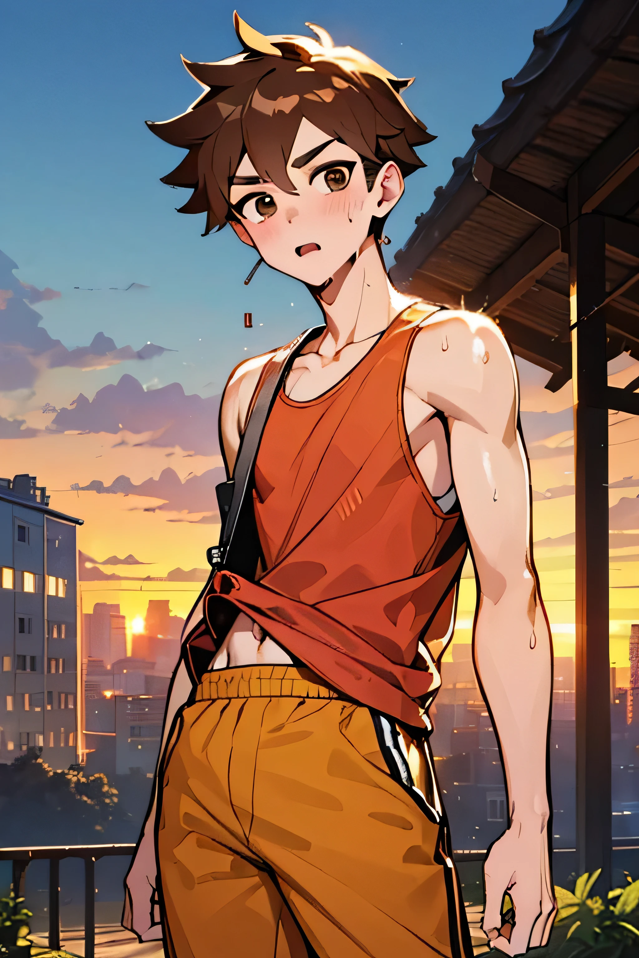 ( best quality), (masterpiece), ( high definition ),  One Boy ,  blush, Brown Hair, Earphones,  abs, anime style,Manga style, tank top,Shorts,Summer Night,sweat