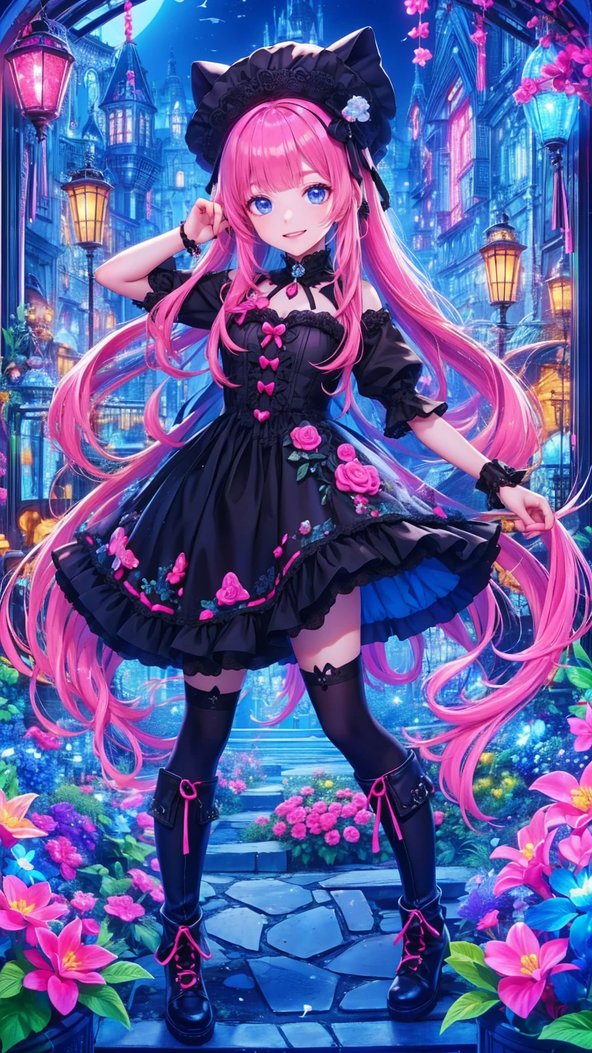    anime style、story、、   cute女の子 、とてもcute天使、   pink gothic dress   、cute、baby face、smile、   Long Skirt 、    black boots 、Very cute headband
