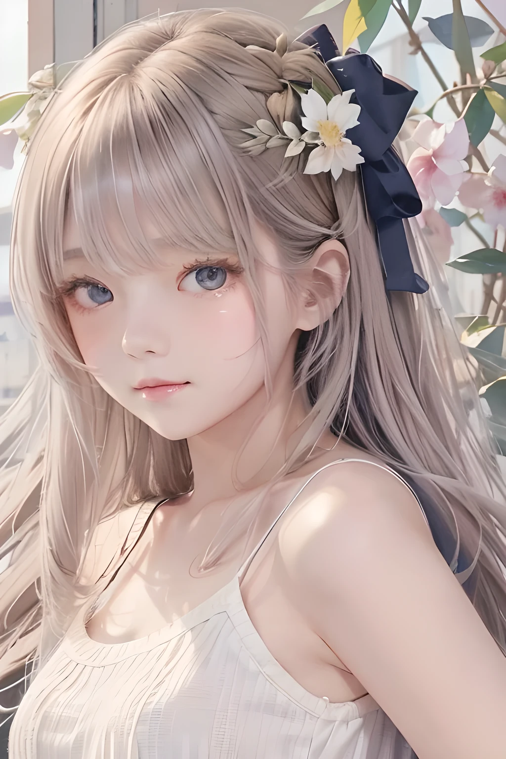 (masterpiece、  best quality 、  best quality 、beautiful beautiful:1.2)、simple background、is、From afar、（Watercolor 1.5）、（Pigment Thin 1.5）、Droopy eyes、  straight hair、length、 1 girl、Bibi-chan、( fractal art:1.3)、Beige Hair、hazel eyes、 tank top、Cheeky、Kamimei