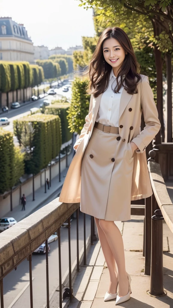 (( High Quality 、High image quality、masterpiece、8k、 high definition:1.2))、 RAW photos 、Clear photos、(photorealistic:1.3)、 detailed、 one woman、 beautiful woman、 smiling gently 、 vibrant look 、 Look Here in Paris in Winter 、 Japanese model、Age 25、( Brown Short Coat、 Long Skirt、White pumps:1.2)、light makeup、Thin eyebrows、detailed face、detailed eyes、Standing with good posture、 beautiful feet、 perfect proportions、Height: 166cm、 slim figure、Realistic skin texture、 beautiful skin in NFSW、(Delicate hair、Semi-long hair、 dark brown hair :1.2)、Outdoor、(冬のパリで、 Champs-Elysées in the World、French cities:1.1)