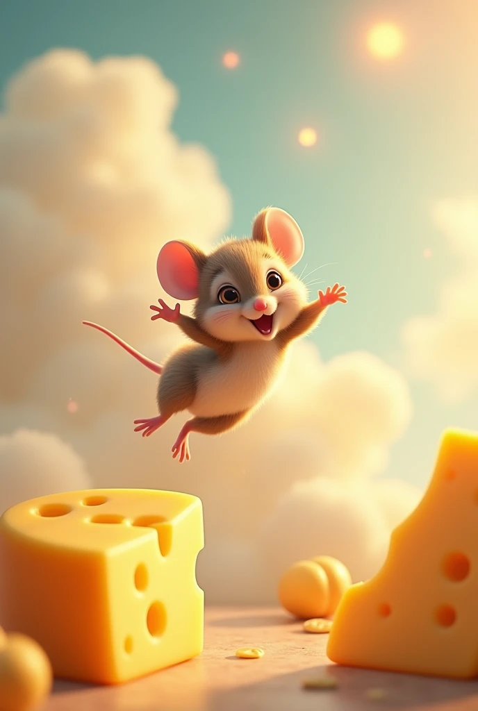 Create a vivid picture of Cute Mouse falling from above along with cheese