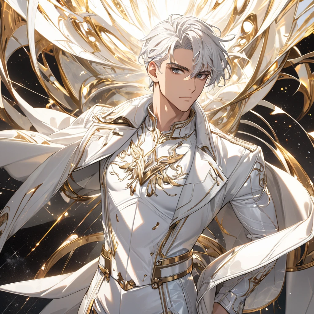 Man with long white hair, twenty years old, muscled body, white costume with gold details, gold eyes, strong body, mighty, epic