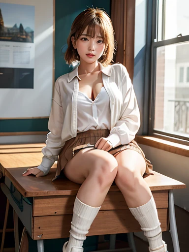 (8k), (best quality: 1.2), (realistic), (realistic: 1.37), ultra high resolution, (1 girl), cute, laugh, closed mouth, beautiful details, beautiful nose, ponytail, huge two cells, pork, thighs,Self Snap,College student ,(Simple navy blue blazer),pleated skirt,(The skirt and tie are in a gray tartan check pattern.....:1.3),(seat:1), sit on the floor,(hug your feet:1),(peach stockings:1.2),in front,knee,loafers