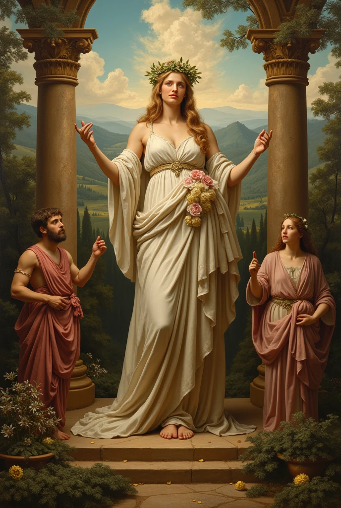 Mature tall Women With Long wavy chestnut colour hair Falling and touching on ground , Long Black Eyelashes , Dark purple Colour Eyes , Big Chest with Cleavage, Long Slender Legs , Wearing Greek Goddess White drees With Golden Earrings and Bracelet , Golden heel Sandels , Standing In Ancient Rome Temple With white big pillars in , Calm and xold expression On face , Regal and elegant Posture In standing, Detailed Portrait, hyper detailed Eyes and Eyelashes, High Quality, High Resolution, 4k , Full body Portrait