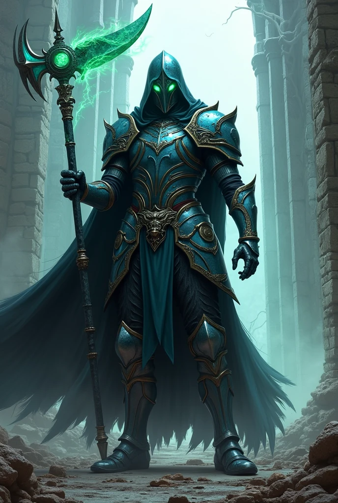 Armored war-sorcerer from heavy Metal hell; black cloak and hood, blue steel full plate; neneath the metal armor, leathers and heavy fabric, he is as mist; no flesh can be seen on the wizard, and behind the stylized mask of his helm only points of pale green fire where his eyes should be; he wields a mighty halberd of magical channelling, commanding wind, thunder and lightning to combat an army of fantasy monsters amidst the ruins of an ancient fortesses' courtyard