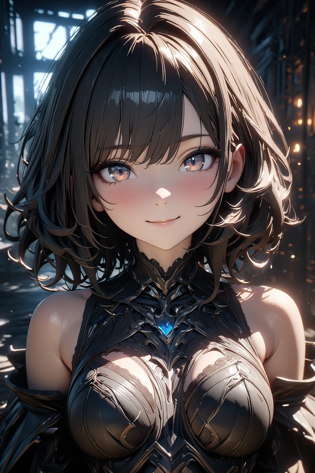(masterpiece, highest quality, Very detailed, Best Shadow), (Detailed Background,Dark fantasy), (Beautiful and elaborate face), High Contrast, (Best lighting, Very delicate and beautiful), ((Cinematic Light)), colorful, Hyper Detail, dramatic light, Intricate details, (1 girl, alone,Redhead, 2 Tone, Short Bob, Sharp Face,Purple eyes, Hair between the eyes,Dynamic Angle, Big Breasts), Black light swirling around the character, Written boundary depth,black light particles,(Warrior, White one-piece military uniform, woman, Looking Ahead, accurate needle, Five perfect fingers, head shot, Shooting from above, Cheerfulness, smile, Really beautiful girl, unreddish skin, Half naked,Abdominal muscles,((muscle))