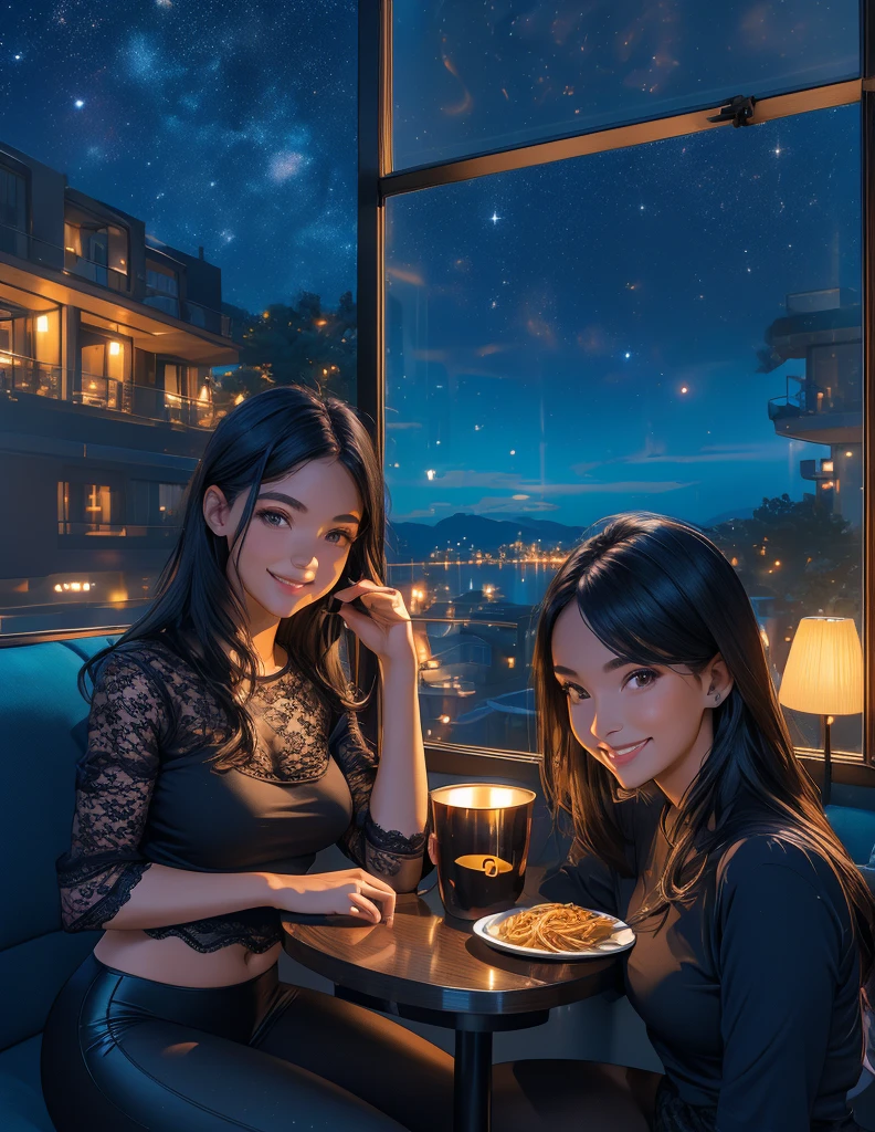 Two Women .(Nightsky).window (8k)  Inside home   room. autumn. While y-shirt. (Lace). Line-up  . sofa sit.smile.  leggings. Table. dinner pasta. Neon.glowing hearts. 