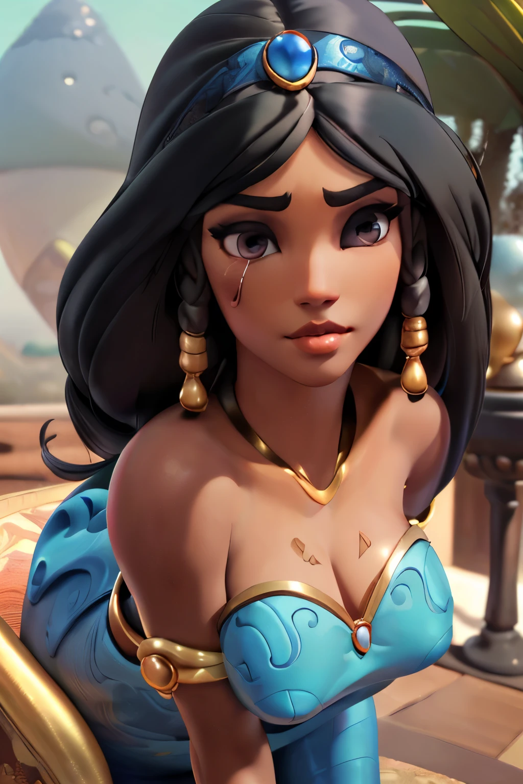 (masterpiece:1.3), (best quality:1.2), intricate details, (highly detailed skin:1.2), jasmine, (1girl:1.2), realistic, highres, beauty photo, tear drop , from above, cool mood, long hair , (black haircolor:1.3), Hourglass-Petite body shape, fill lighting, fcDetailPortrait, (tilted head:1.4), (sexy pose:1.3),  persian background , 