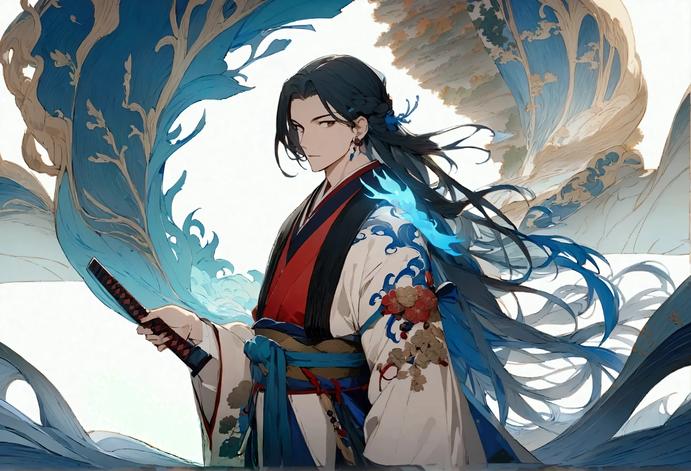 Anime character with long hair holding a sword in front of a wave ...